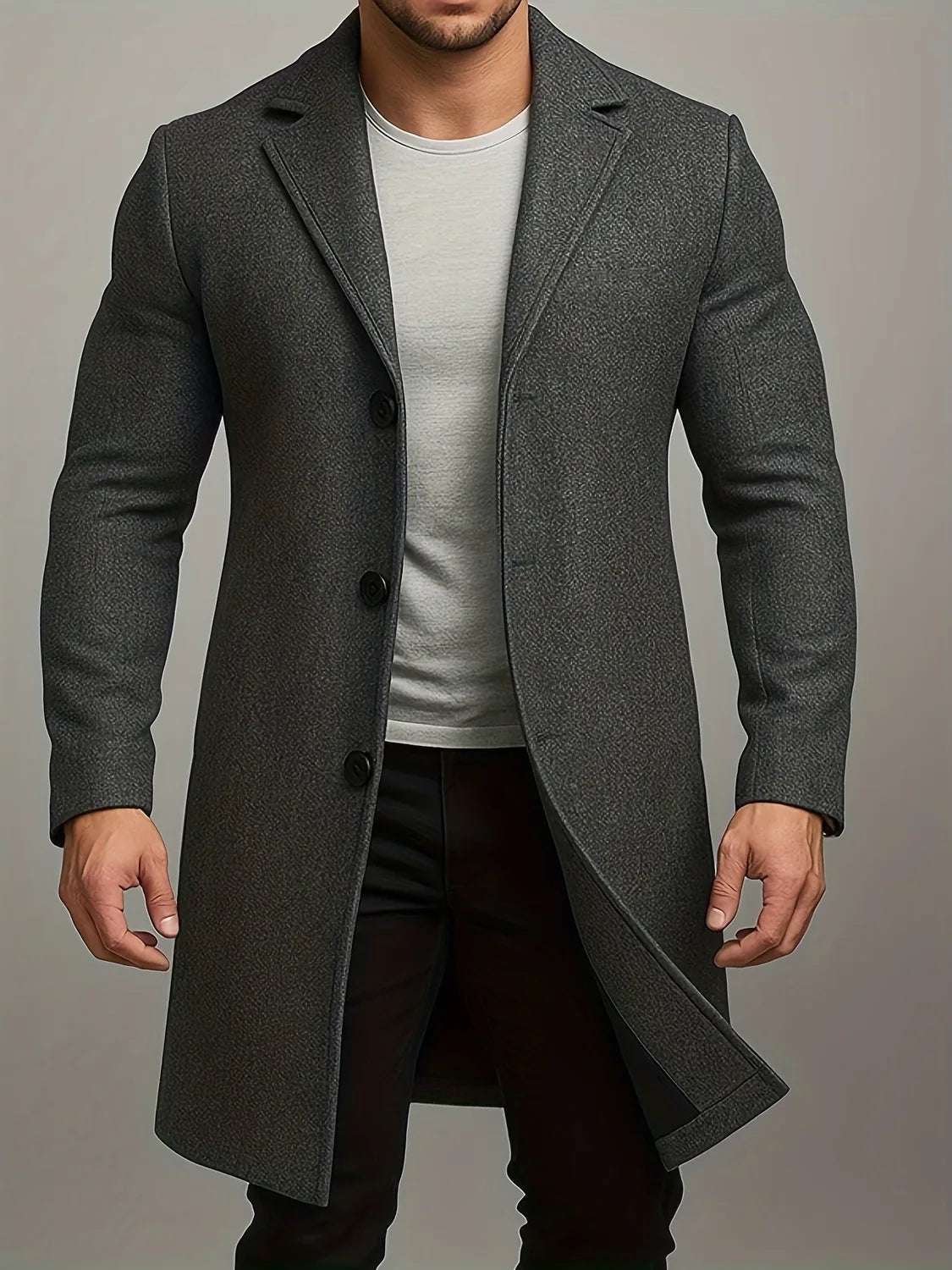 Khaki Men's Tweed Coat – Mid-Length Button Front