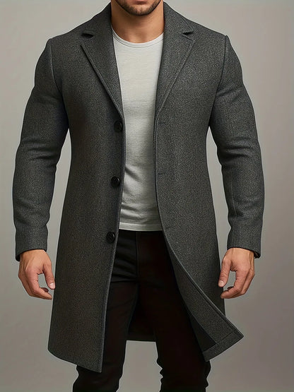 Khaki Men's Tweed Coat – Mid-Length Button Front