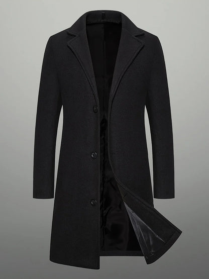 Khaki Men's Tweed Coat – Mid-Length Button Front