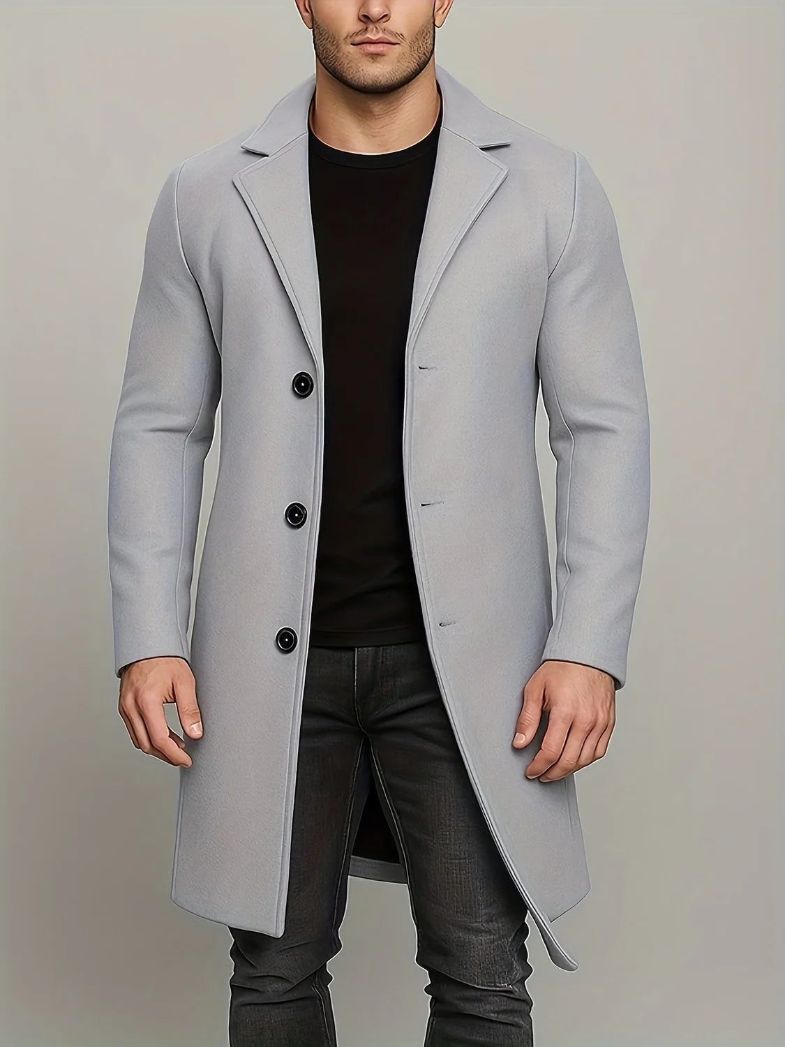 Khaki Men's Tweed Coat – Mid-Length Button Front