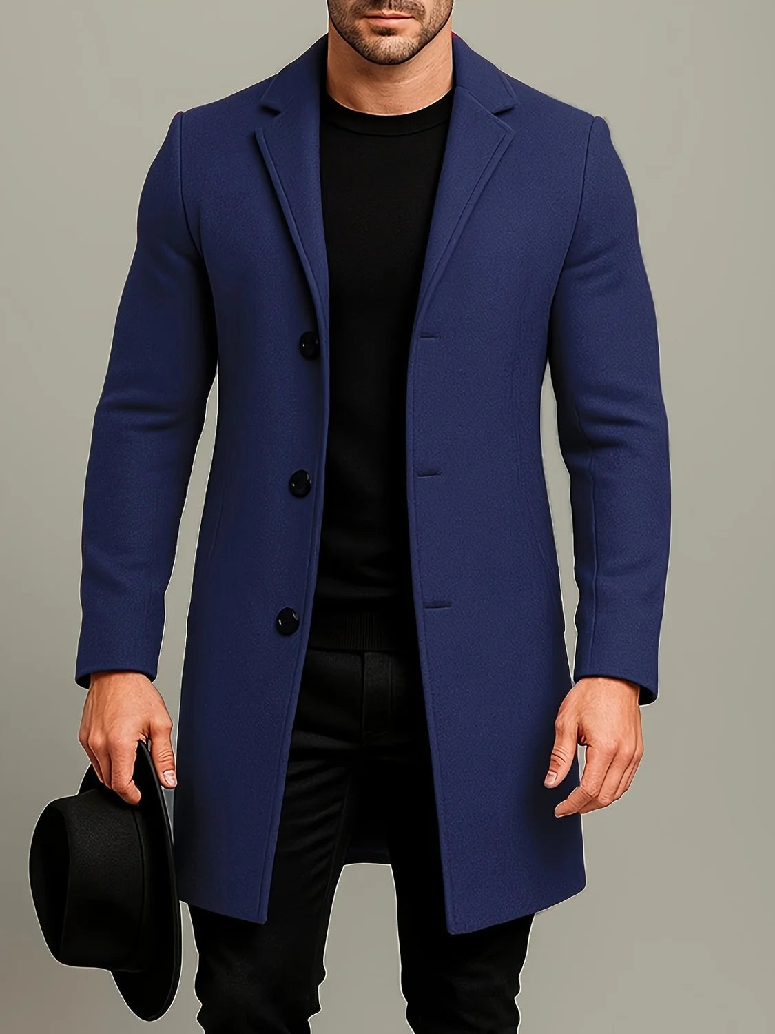 Khaki Men's Tweed Coat – Mid-Length Button Front