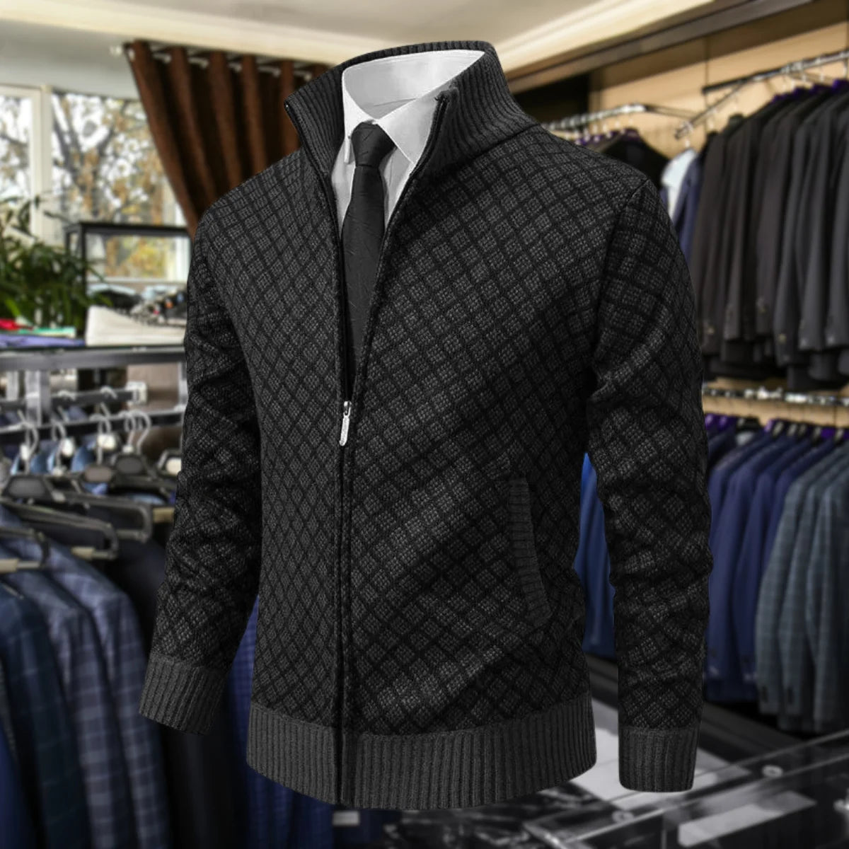 Red Men's Cardigan – Zip Front Stand Collar