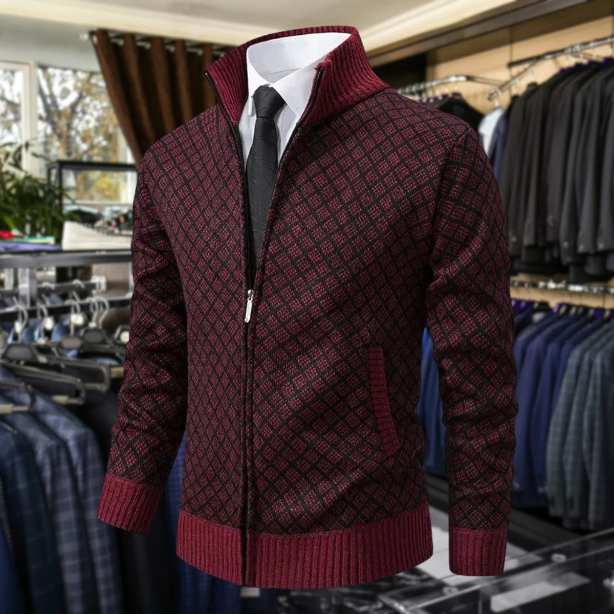 Red Men's Cardigan – Zip Front Stand Collar
