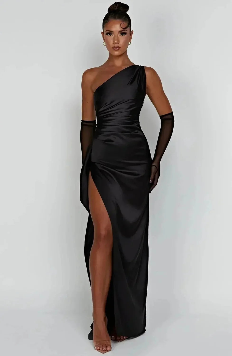 Red Satin Maxi Dress – One-Shoulder Ruched Waist High Slit