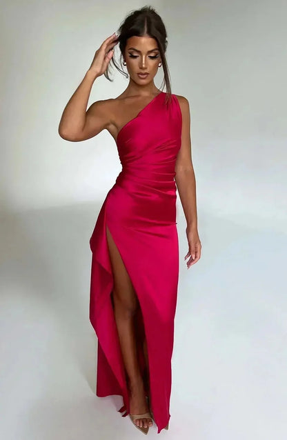 Red Satin Maxi Dress – One-Shoulder Ruched Waist High Slit