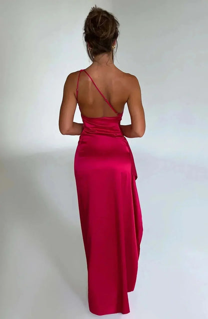 Red Satin Maxi Dress – One-Shoulder Ruched Waist High Slit
