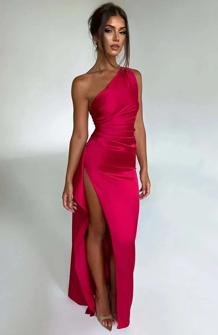 Red Satin Maxi Dress – One-Shoulder Ruched Waist High Slit