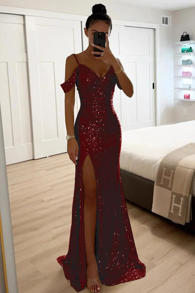 Red Sequin Maxi Dress – Off-Shoulder High Slit
