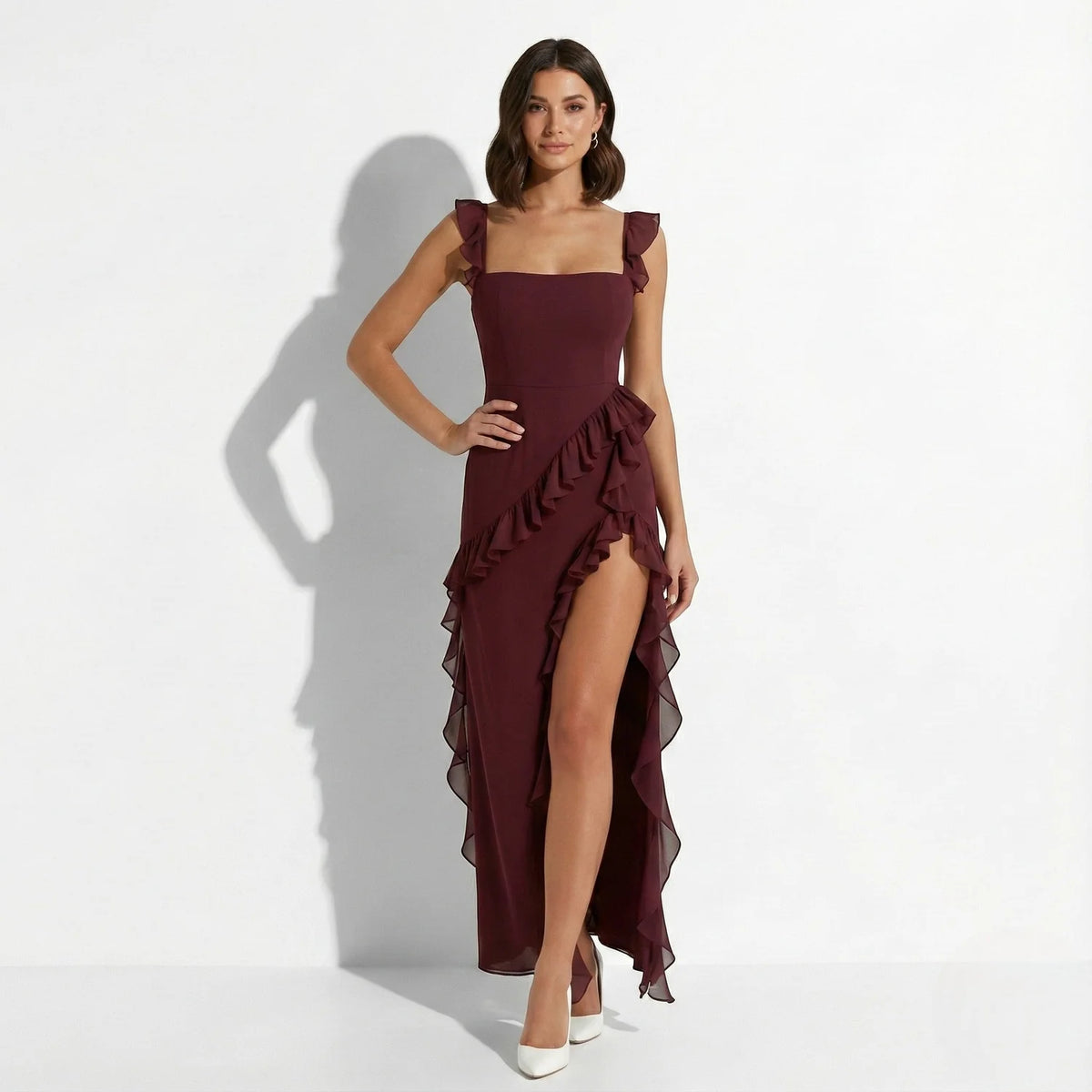 Red Square Neck Maxi Dress – Ruffle Trim High Slit