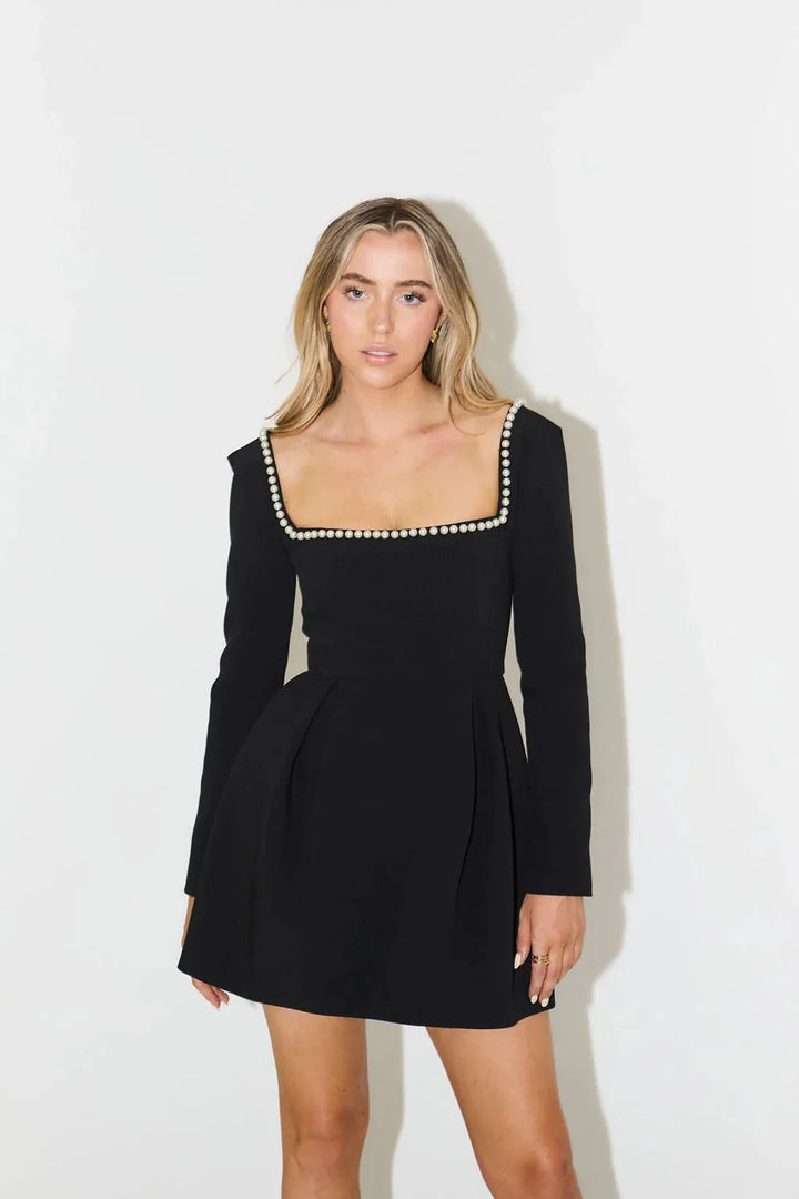 Black Cocktail Dress – Pearl Trim Square Neck Holiday Party - Black