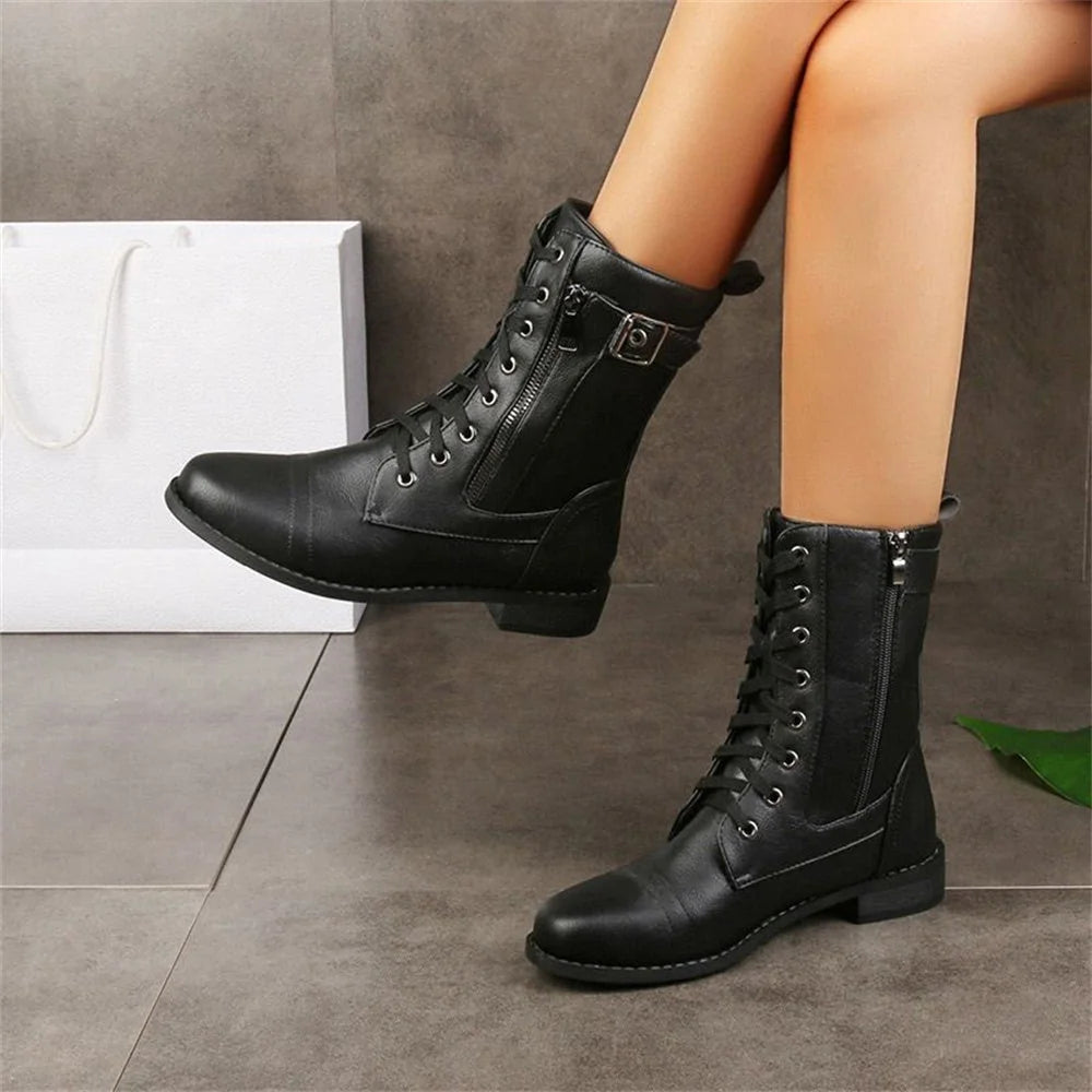 Black Combat Boots – Lace-Up Mid-Calf Side Zip - Black