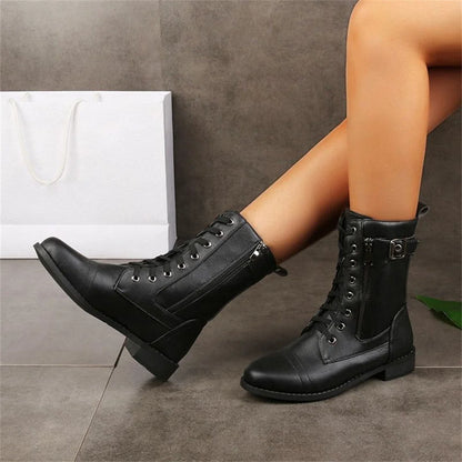 Black Combat Boots – Lace-Up Mid-Calf Side Zip