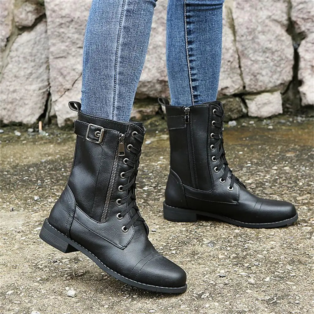 Black Combat Boots – Lace-Up Mid-Calf Side Zip