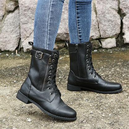 Black Combat Boots – Lace-Up Mid-Calf Side Zip