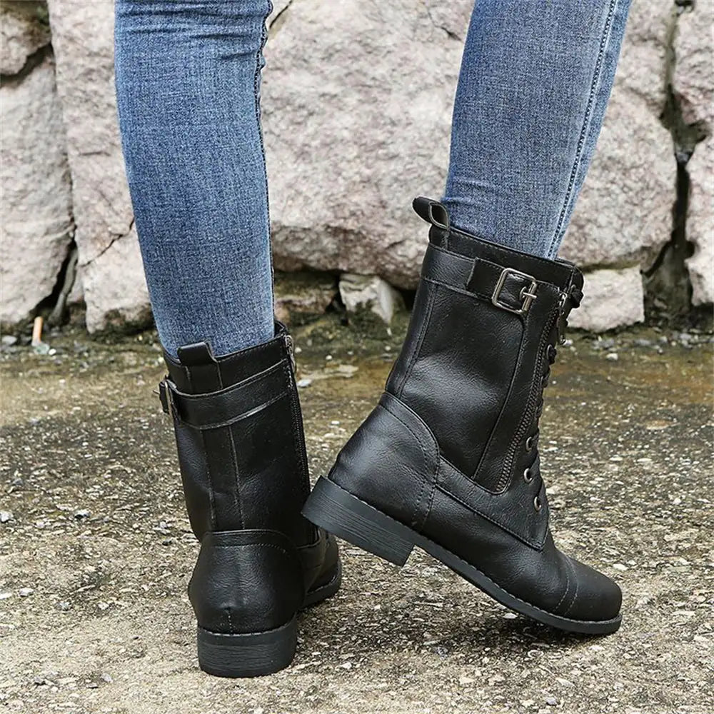 Black Combat Boots – Lace-Up Mid-Calf Side Zip