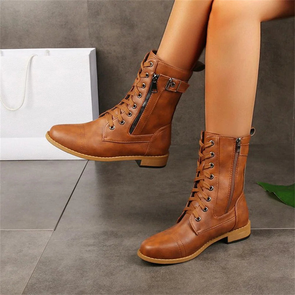 Black Combat Boots – Lace-Up Mid-Calf Side Zip - Brown