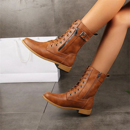 Black Combat Boots – Lace-Up Mid-Calf Side Zip