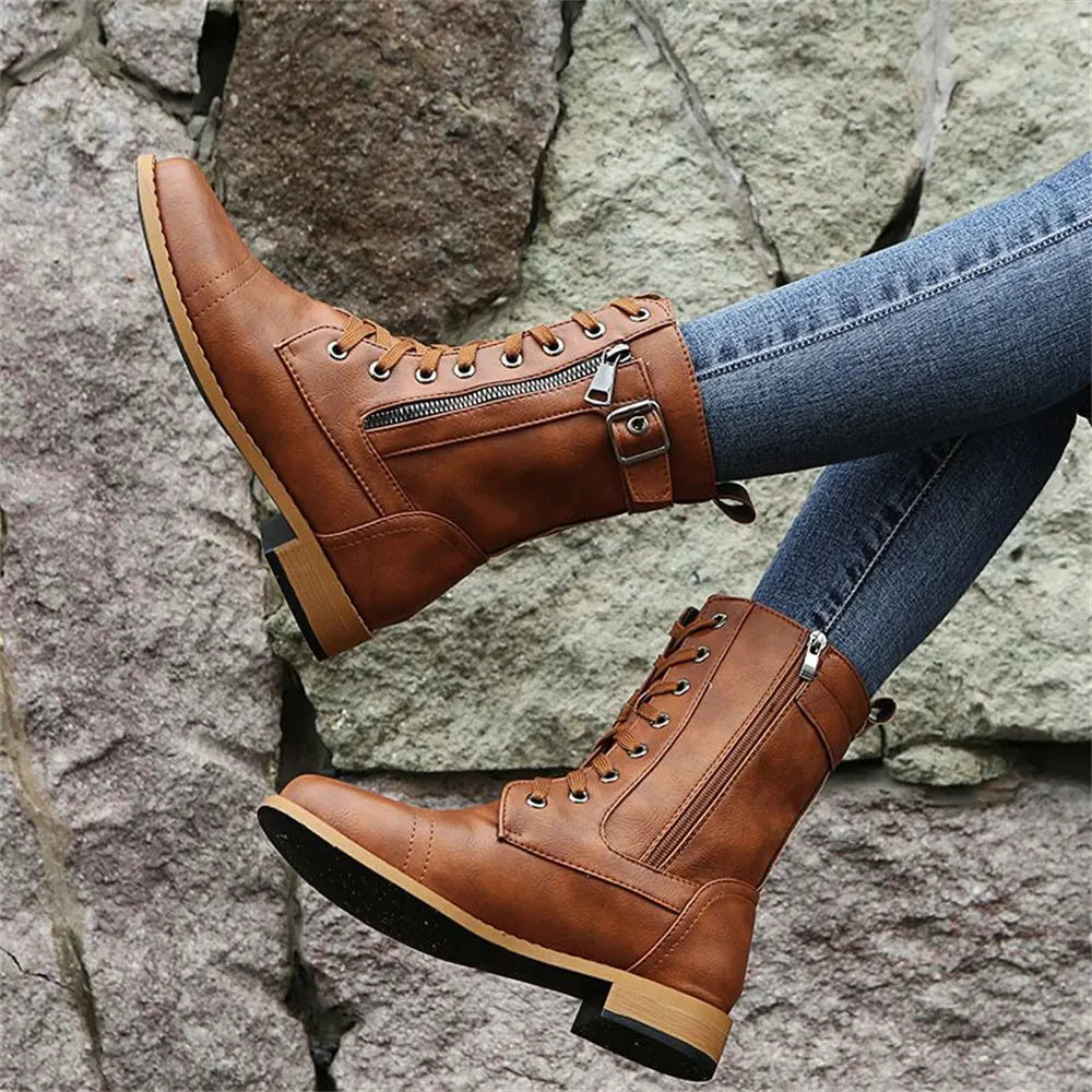 Black Combat Boots – Lace-Up Mid-Calf Side Zip