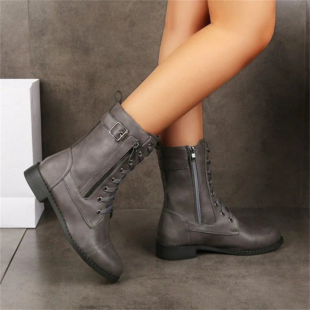 Black Combat Boots – Lace-Up Mid-Calf Side Zip - Grey
