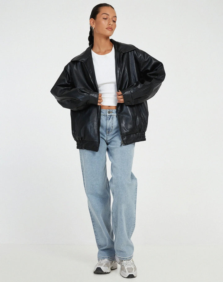 Black Faux Leather Jacket – Oversized Zip Winter - Black