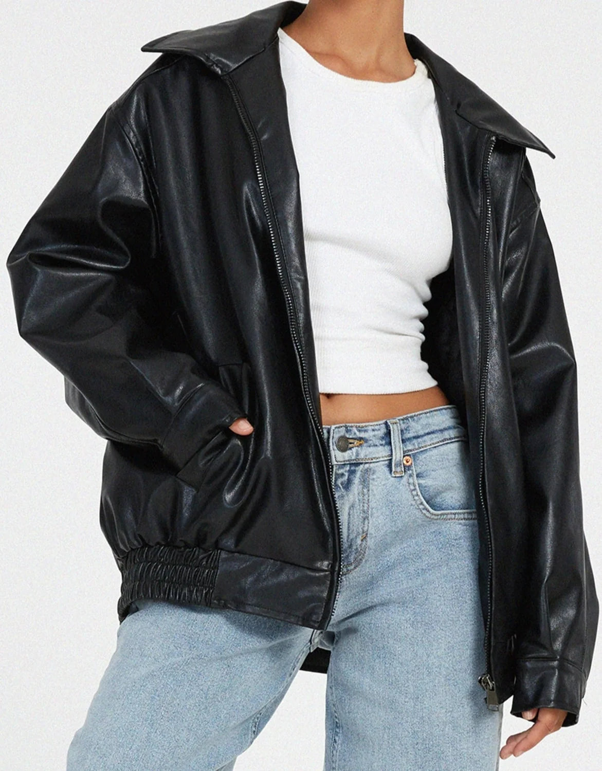 Black Faux Leather Jacket – Oversized Zip Winter