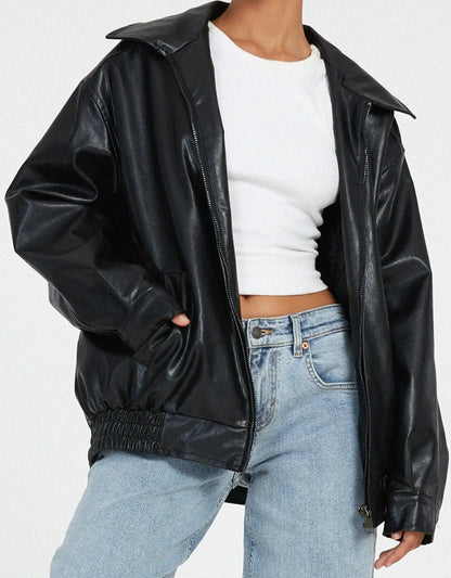Black Faux Leather Jacket – Oversized Zip Winter