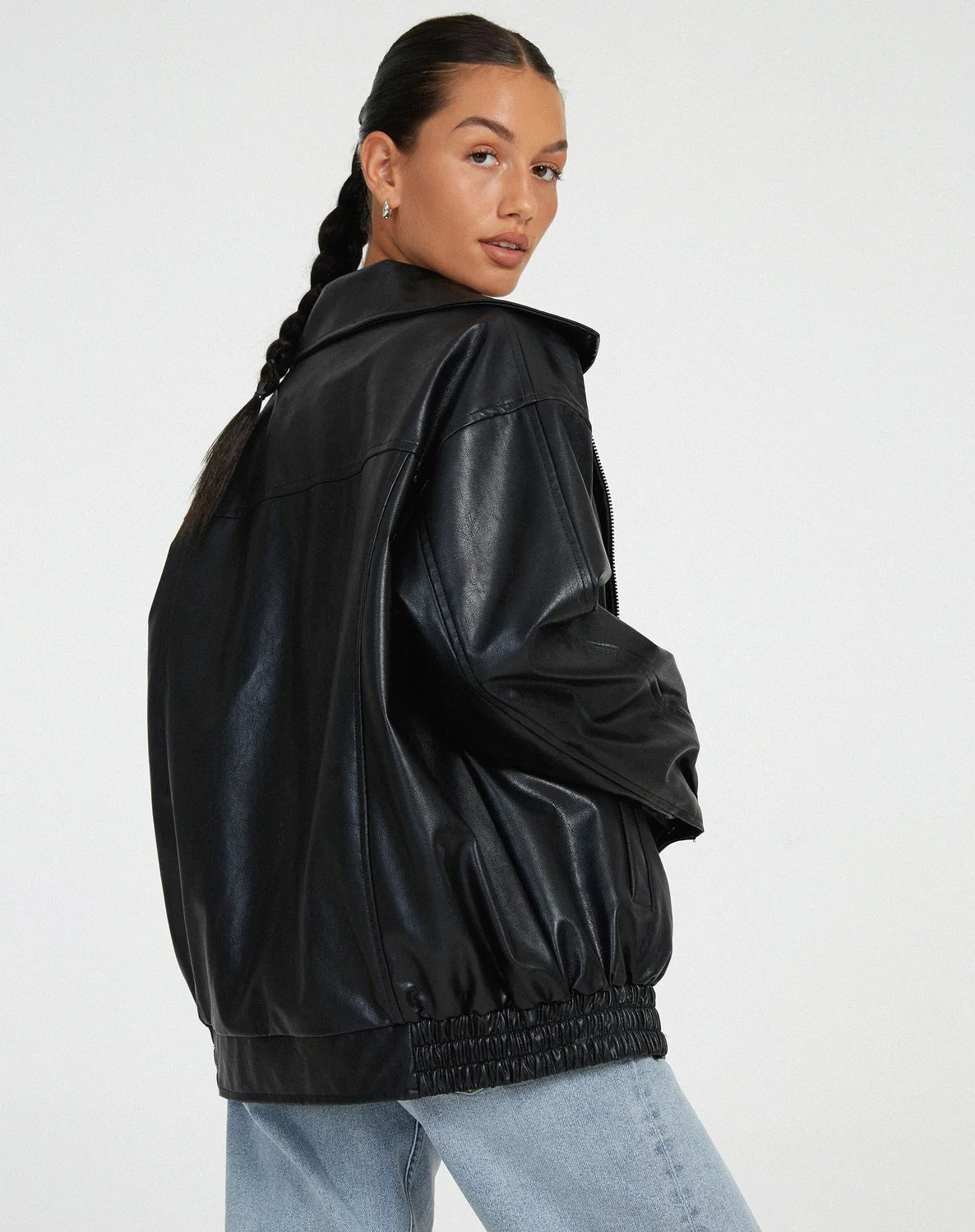 Black Faux Leather Jacket – Oversized Zip Winter