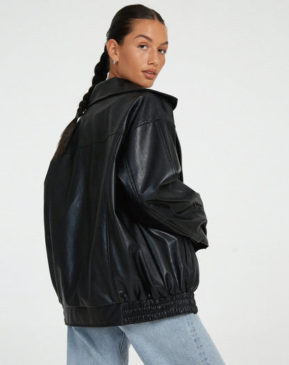 Black Faux Leather Jacket – Oversized Zip Winter