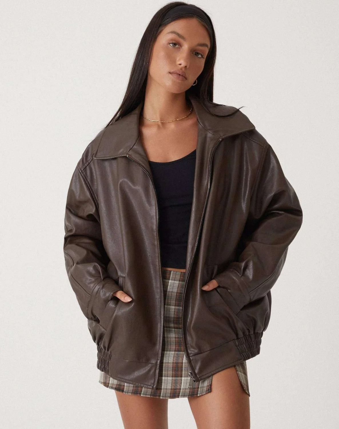 Black Faux Leather Jacket – Oversized Zip Winter - Brown