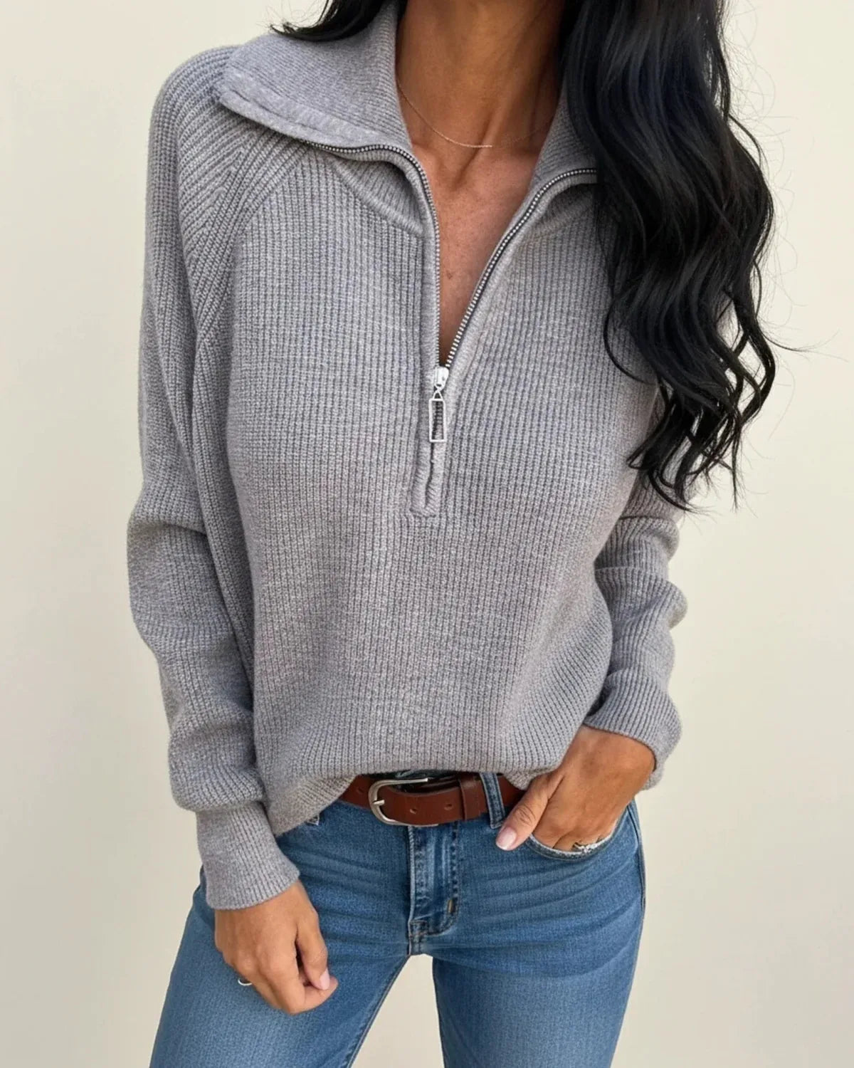 Black Half Zip Sweater – Fold-Over Collar Winter Women's - Grey