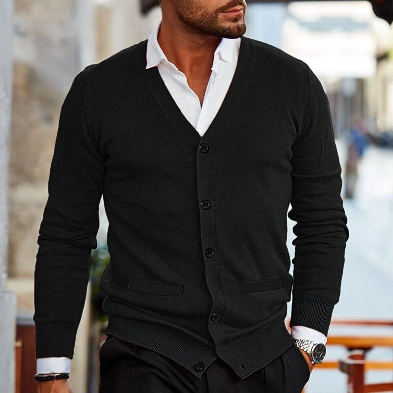 Black Men's Cardigan – Button Front Classic Winter - Black