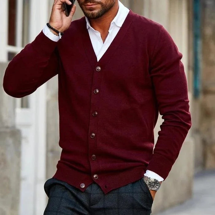 Black Men's Cardigan – Button Front Classic Winter - Burgundy
