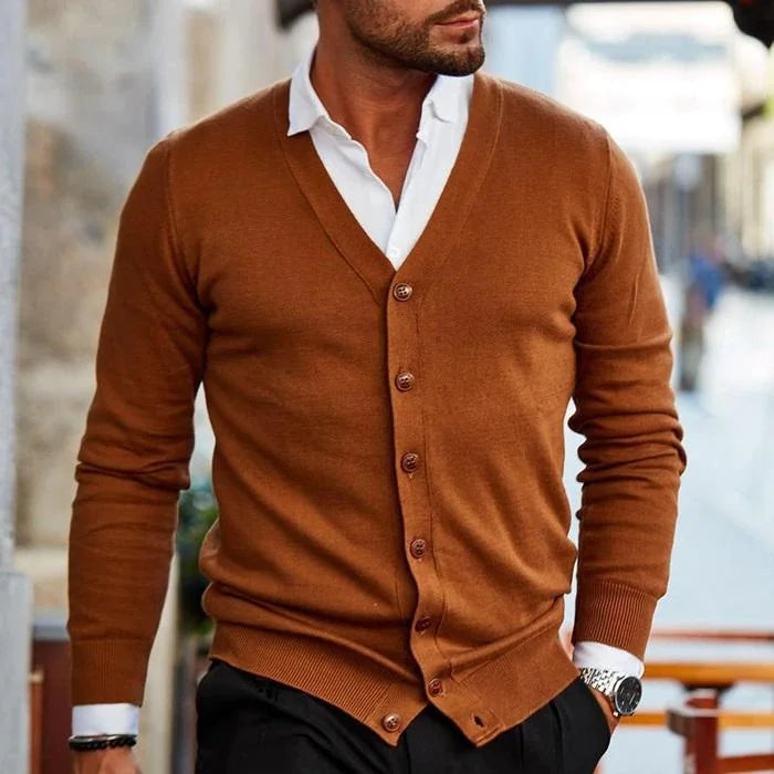 Black Men's Cardigan – Button Front Classic Winter - Dark Brown