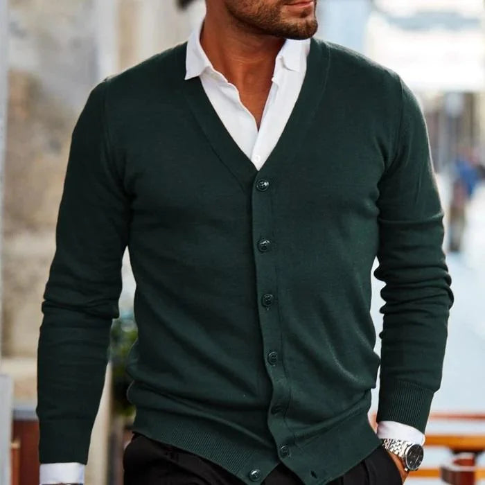 Black Men's Cardigan – Button Front Classic Winter - Dark Green