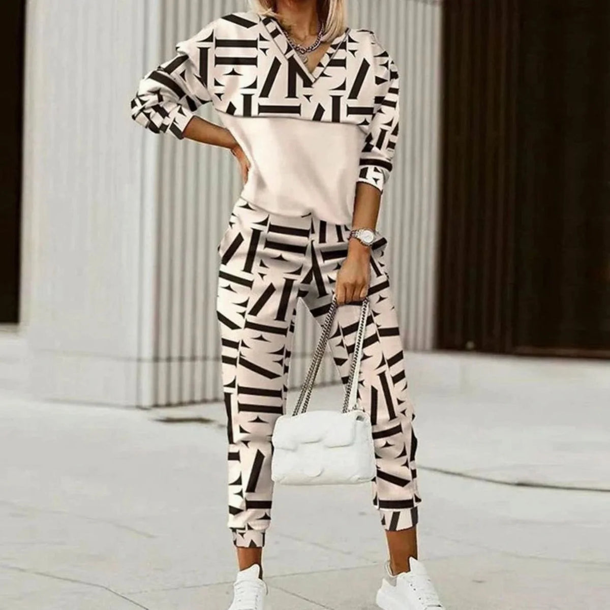 Black Quarter Zip Tracksuit – Printed Sweat Set Two-Piece - Beige