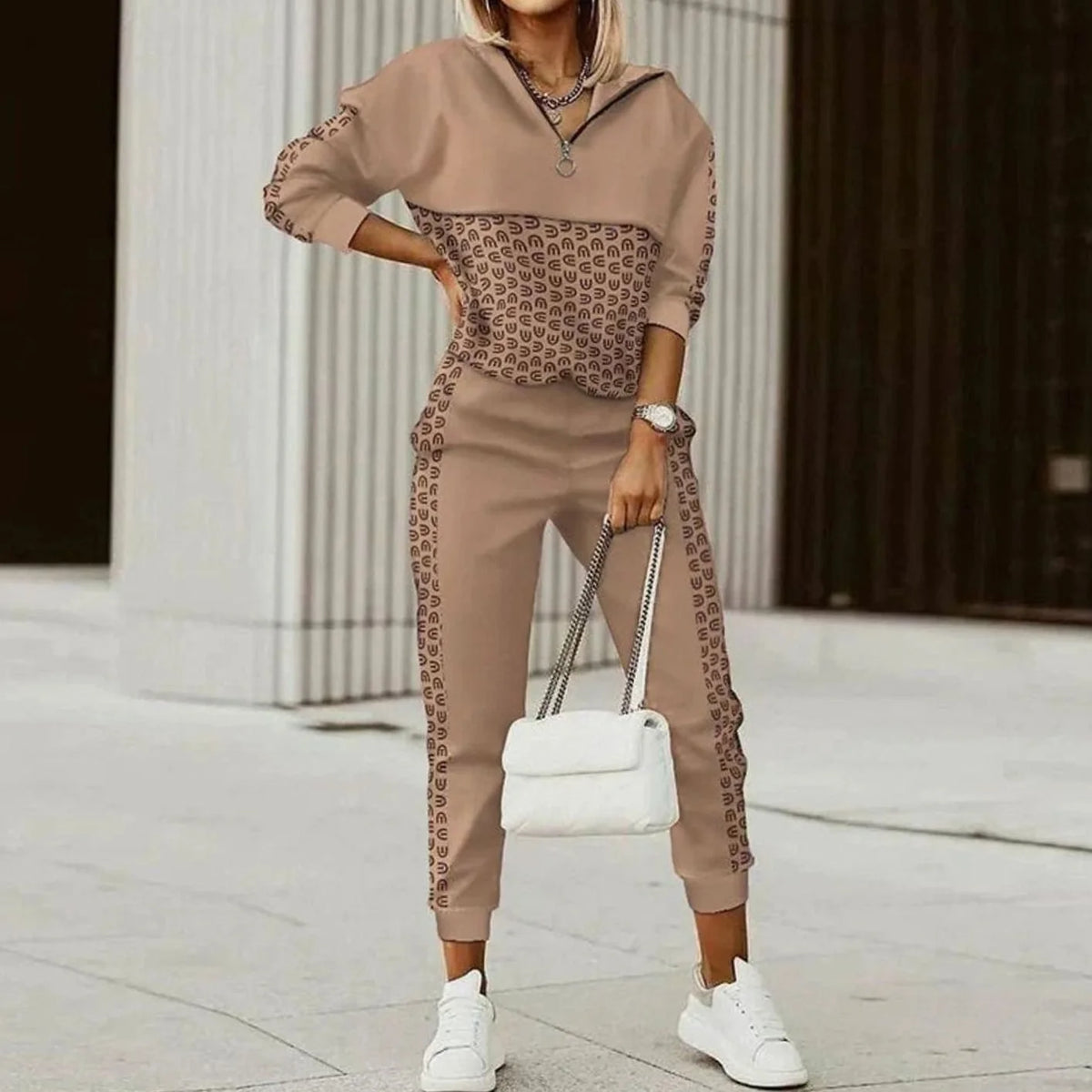 Black Quarter Zip Tracksuit – Printed Sweat Set Two-Piece - Brown