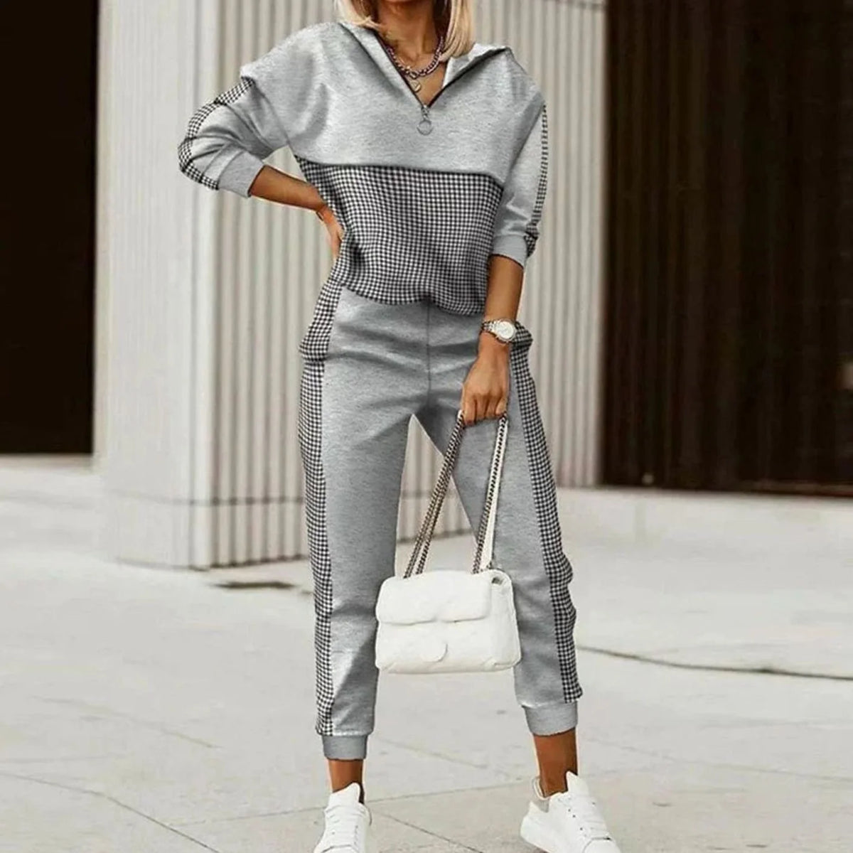 Black Quarter Zip Tracksuit – Printed Sweat Set Two-Piece - Grey