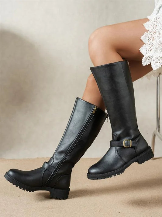 Black Riding Boots – Knee High Buckle Low Heel - Black