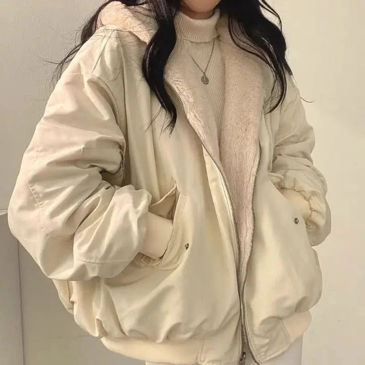 Black Sherpa Jacket – Oversized Hooded Winter Zip - Beige
