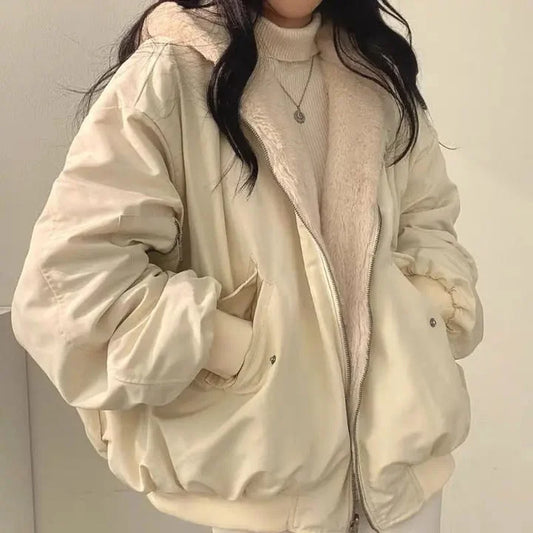 Black Sherpa Jacket – Oversized Hooded Winter Zip - Beige
