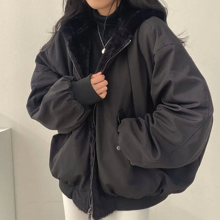 Black Sherpa Jacket – Oversized Hooded Winter Zip - Black