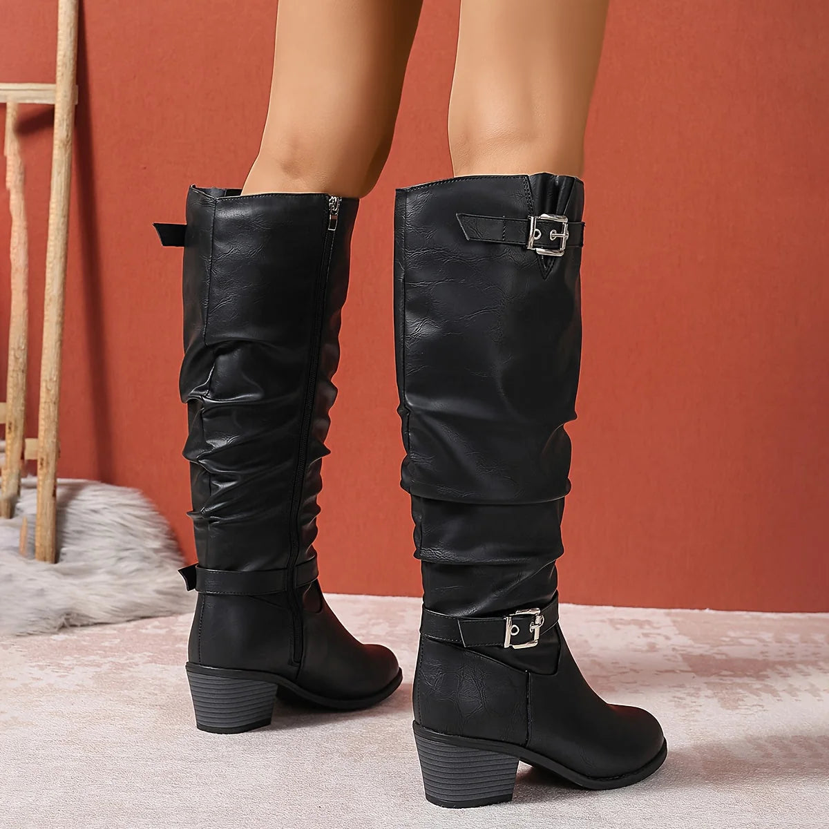 Black Slouch Boots – Knee-High Buckle Block Heel