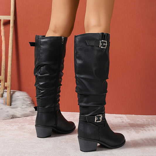 Black Slouch Boots – Knee-High Buckle Block Heel