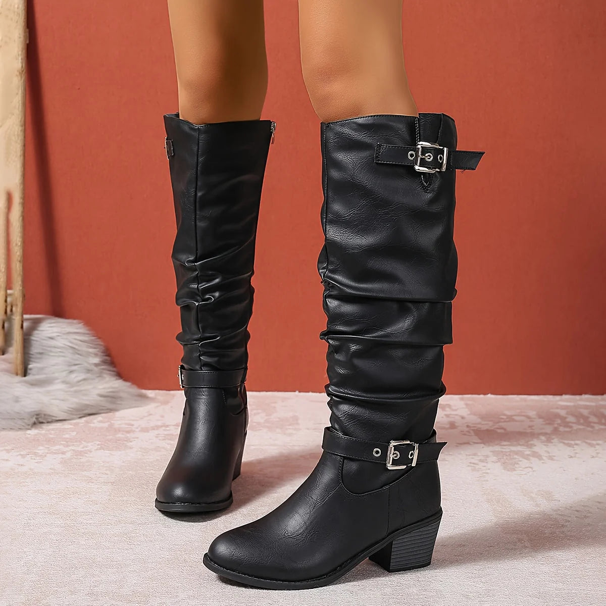 Black Slouch Boots – Knee-High Buckle Block Heel