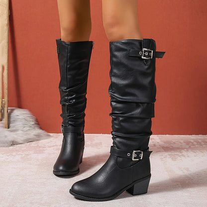 Black Slouch Boots – Knee-High Buckle Block Heel