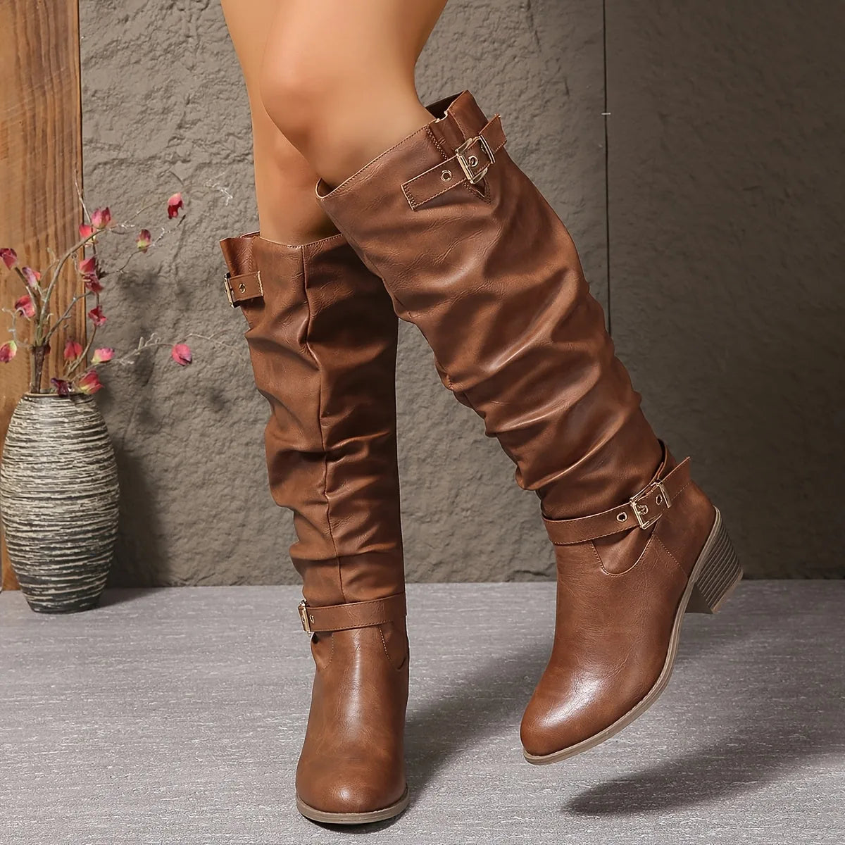 Black Slouch Boots – Knee-High Buckle Block Heel