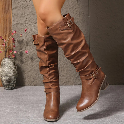 Black Slouch Boots – Knee-High Buckle Block Heel