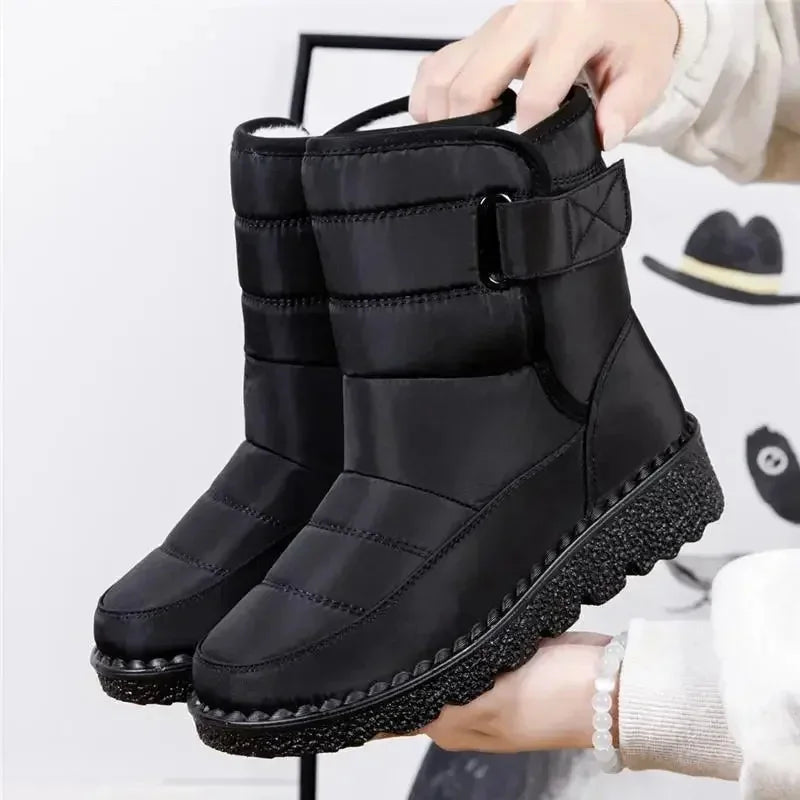 Black Snow Boots – Quilted Waterproof Winter Buckle - Black