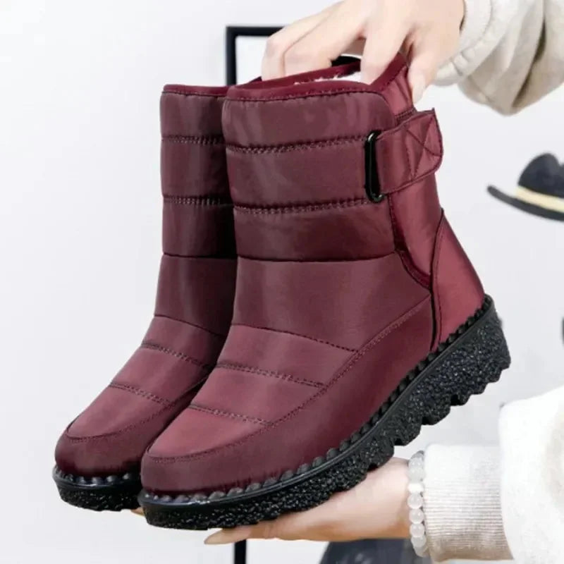 Black Snow Boots – Quilted Waterproof Winter Buckle - Red