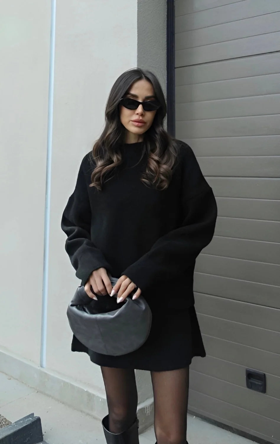 Black Sweater Skirt Set – Oversized Winter Mini Two-Piece - Black